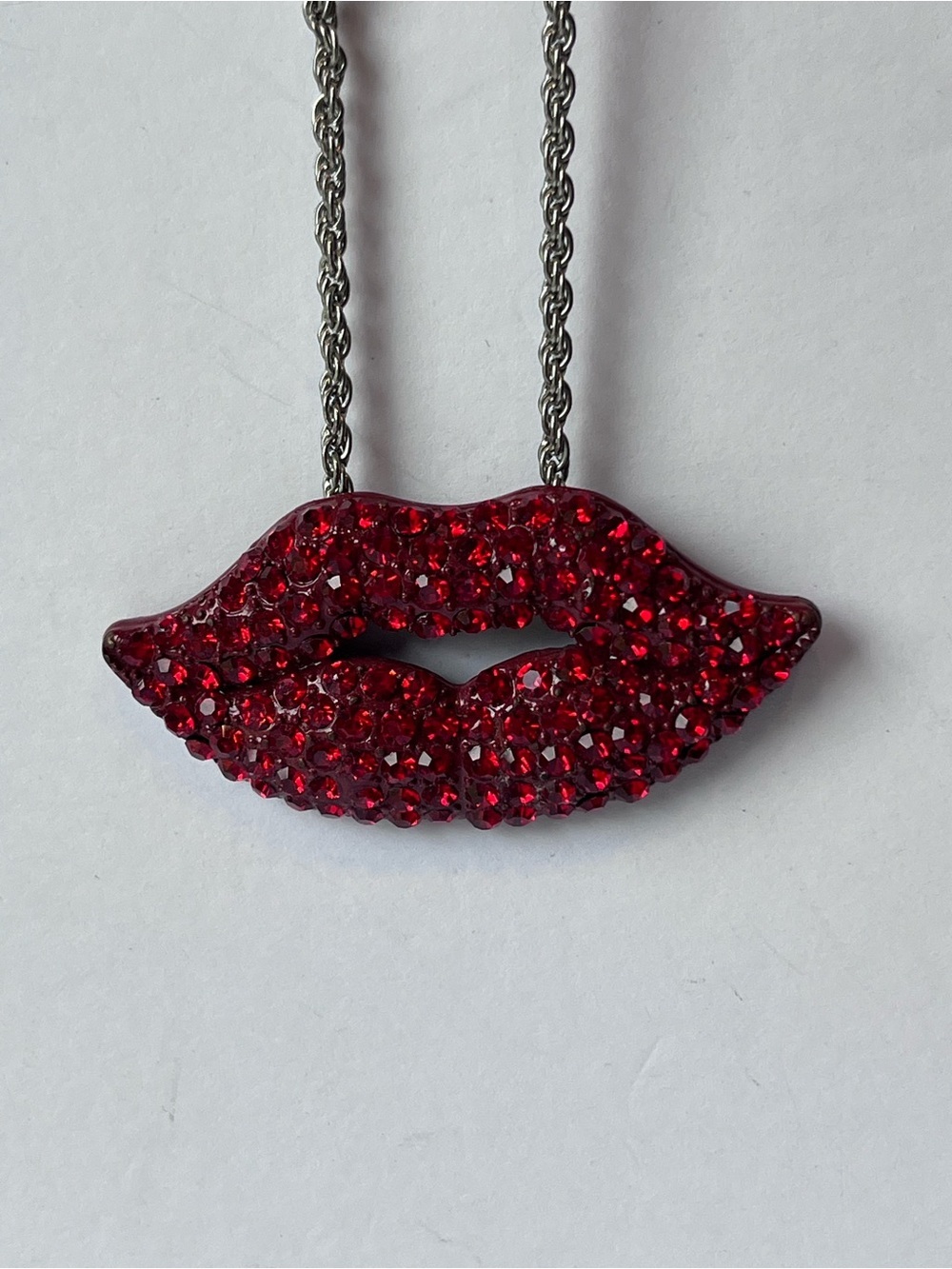 Large Bold Red Lips Necklace Crystal Rhinestones